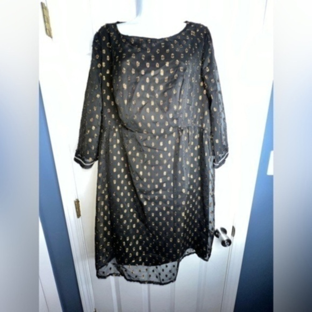Ellos Women’s 12 Black Gold Dot Chiffon Sheath Dress 3/4 Sleeve Knee Length L